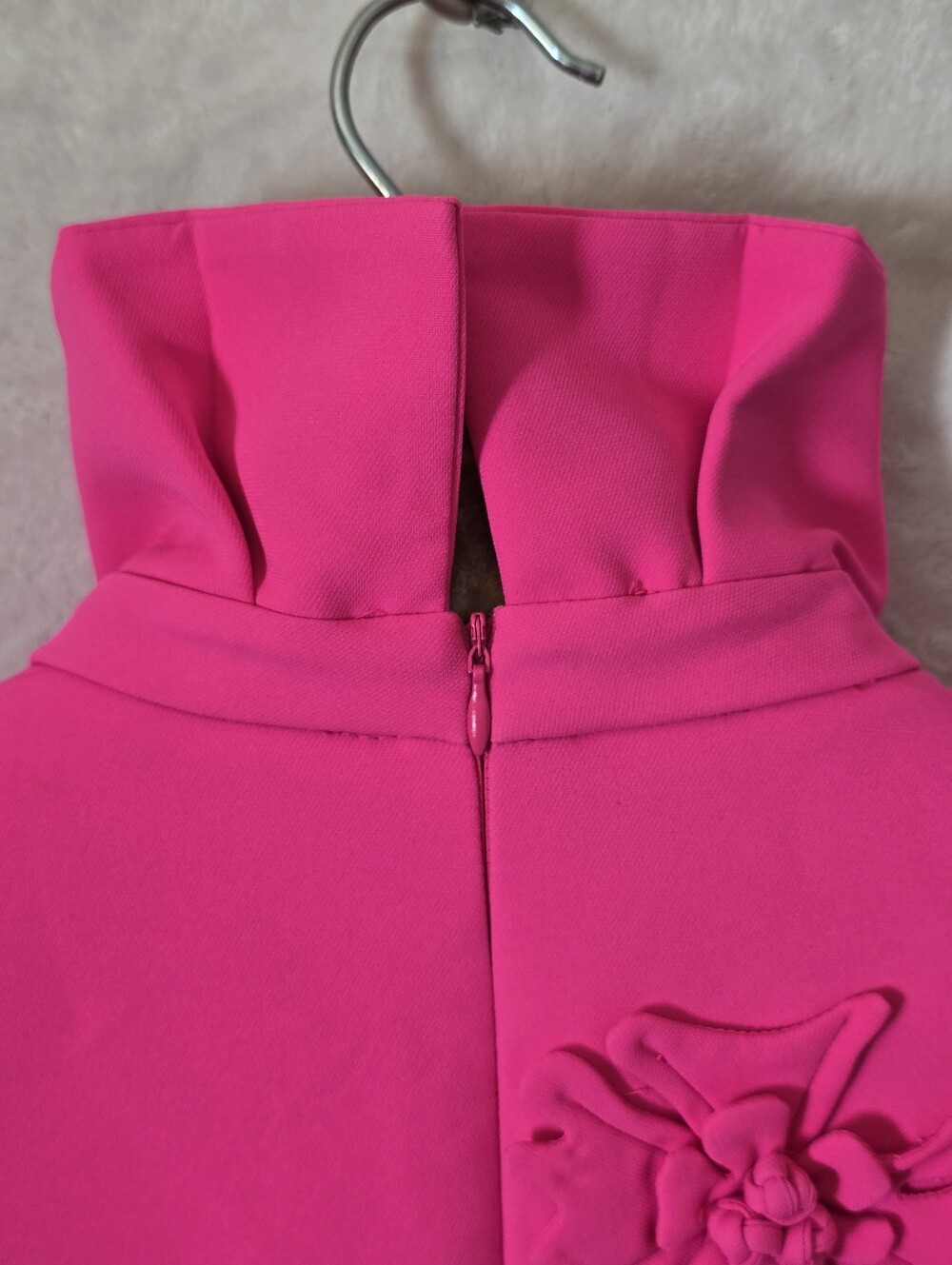 Hot Pink 3D Floral Applique Turtleneck A-line Shift Dress Bell Sleeves Sz.S - Picture 9 of 16